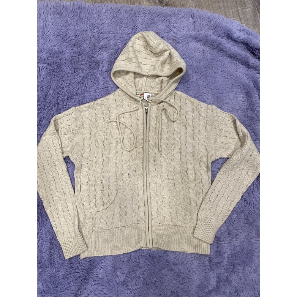 Love Change Women's M Beige Full Zip‎ Knit Hooded Sweater